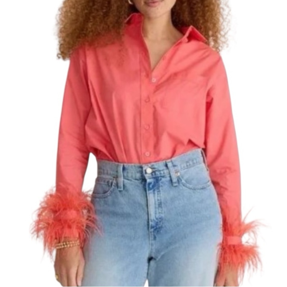 J. Crew Collection Coral Feather Trimmed Cuff Button Down Shirt  - 10